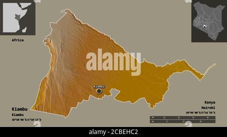 Shape of Kiambu, county of Kenya, and its capital. Distance scale, previews and labels. Topographic relief map. 3D rendering Stock Photo