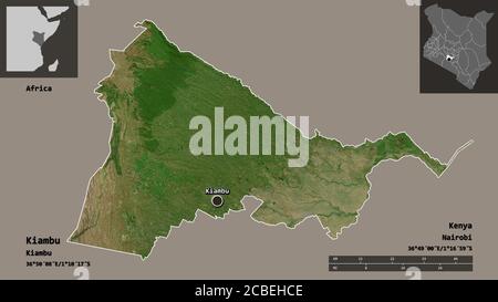 Shape of Kiambu, county of Kenya, and its capital. Distance scale, previews and labels. Satellite imagery. 3D rendering Stock Photo