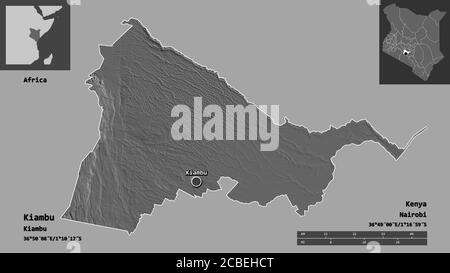 Shape of Kiambu, county of Kenya, and its capital. Distance scale, previews and labels. Bilevel elevation map. 3D rendering Stock Photo