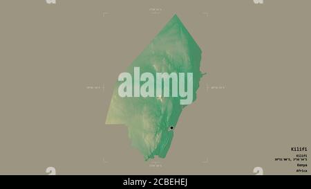 Area of Kilifi, county of Kenya, isolated on a solid background in a georeferenced bounding box. Labels. Topographic relief map. 3D rendering Stock Photo