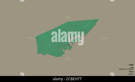 Area of Lamu, county of Kenya, isolated on a solid background in a georeferenced bounding box. Labels. Topographic relief map. 3D rendering Stock Photo