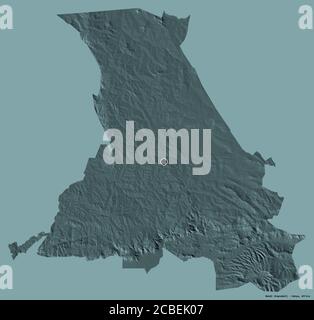 Shape of Nandi, county of Kenya, with its capital isolated on a solid color background. Colored elevation map. 3D rendering Stock Photo