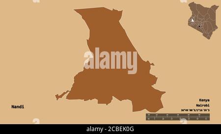 Shape of Nandi, county of Kenya, with its capital isolated on solid background. Distance scale, region preview and labels. Composition of patterned te Stock Photo