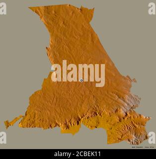 Shape of Nandi, county of Kenya, with its capital isolated on a solid color background. Topographic relief map. 3D rendering Stock Photo