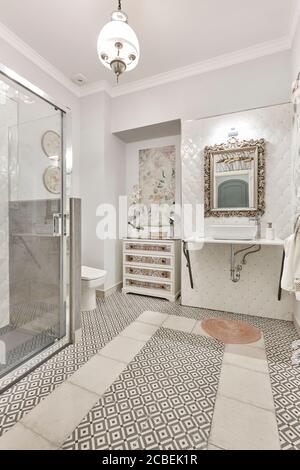 Classic elegance decorated bathroom in white color style. Indoor Stock Photo