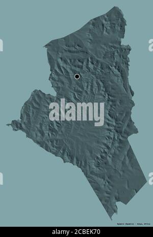 Shape of Nyamira, county of Kenya, with its capital isolated on a solid color background. Colored elevation map. 3D rendering Stock Photo