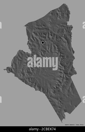 Shape of Nyamira, county of Kenya, with its capital isolated on a solid color background. Bilevel elevation map. 3D rendering Stock Photo