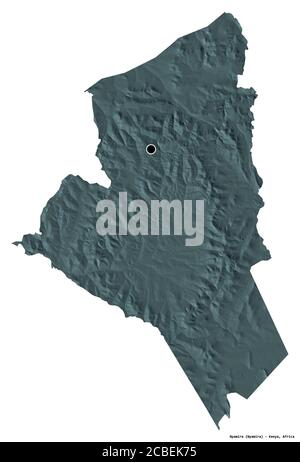 Shape of Nyamira, county of Kenya, with its capital isolated on white background. Colored elevation map. 3D rendering Stock Photo