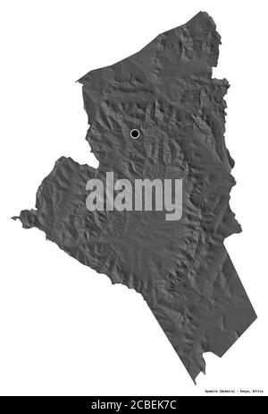 Shape of Nyamira, county of Kenya, with its capital isolated on white background. Bilevel elevation map. 3D rendering Stock Photo