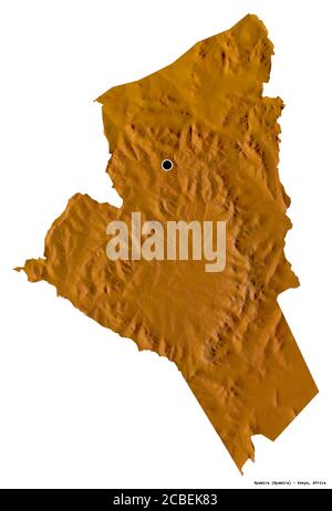 Shape of Nyamira, county of Kenya, with its capital isolated on white background. Topographic relief map. 3D rendering Stock Photo