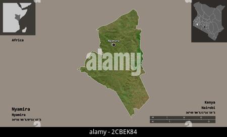 Shape of Nyamira, county of Kenya, and its capital. Distance scale, previews and labels. Satellite imagery. 3D rendering Stock Photo