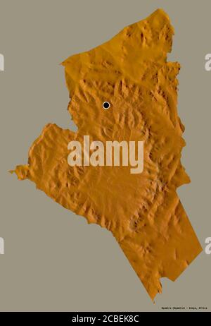 Shape of Nyamira, county of Kenya, with its capital isolated on a solid color background. Topographic relief map. 3D rendering Stock Photo