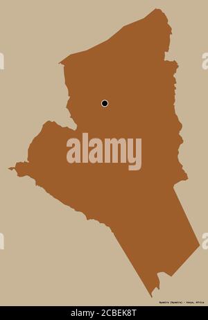 Shape of Nyamira, county of Kenya, with its capital isolated on a solid color background. Composition of patterned textures. 3D rendering Stock Photo