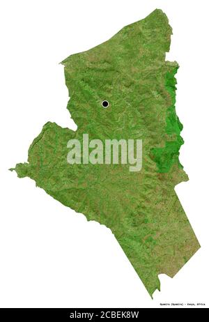 Shape of Nyamira, county of Kenya, with its capital isolated on white background. Satellite imagery. 3D rendering Stock Photo