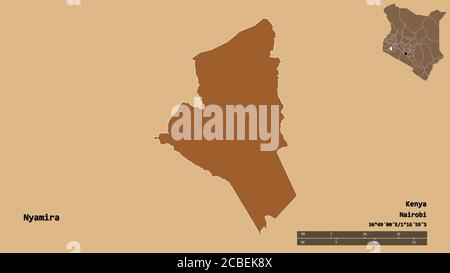 Shape of Nyamira, county of Kenya, with its capital isolated on solid background. Distance scale, region preview and labels. Composition of patterned Stock Photo