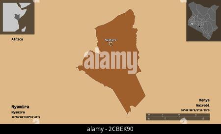 Shape of Nyamira, county of Kenya, and its capital. Distance scale, previews and labels. Composition of patterned textures. 3D rendering Stock Photo