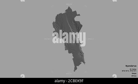 Area of Nyandarua, county of Kenya, isolated on a solid background in a georeferenced bounding box. Labels. Bilevel elevation map. 3D rendering Stock Photo
