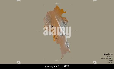 Area of Nyandarua, county of Kenya, isolated on a solid background in a georeferenced bounding box. Labels. Topographic relief map. 3D rendering Stock Photo