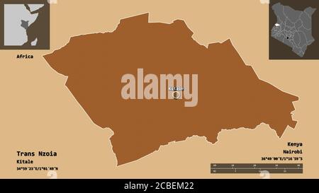 Shape of Trans Nzoia, county of Kenya, and its capital. Distance scale, previews and labels. Composition of patterned textures. 3D rendering Stock Photo