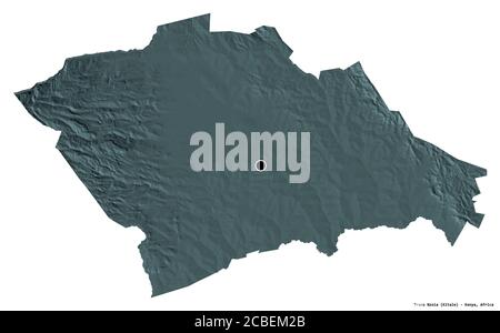 Shape of Trans Nzoia, county of Kenya, with its capital isolated on white background. Colored elevation map. 3D rendering Stock Photo