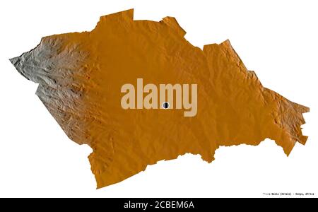 Shape of Trans Nzoia, county of Kenya, with its capital isolated on white background. Topographic relief map. 3D rendering Stock Photo