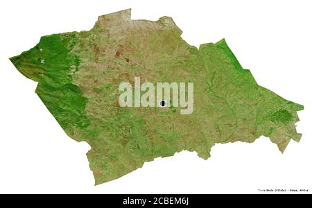 Shape of Trans Nzoia, county of Kenya, with its capital isolated on white background. Satellite imagery. 3D rendering Stock Photo