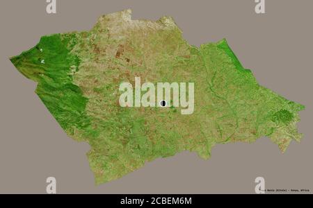 Shape of Trans Nzoia, county of Kenya, with its capital isolated on a solid color background. Satellite imagery. 3D rendering Stock Photo