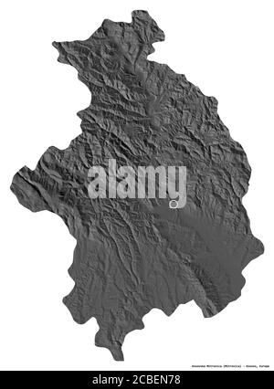 Shape of Kosovska Mitrovica, district of Kosovo, with its capital isolated on white background. Bilevel elevation map. 3D rendering Stock Photo