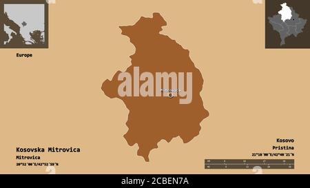 Shape of Kosovska Mitrovica, district of Kosovo, and its capital. Distance scale, previews and labels. Composition of patterned textures. 3D rendering Stock Photo