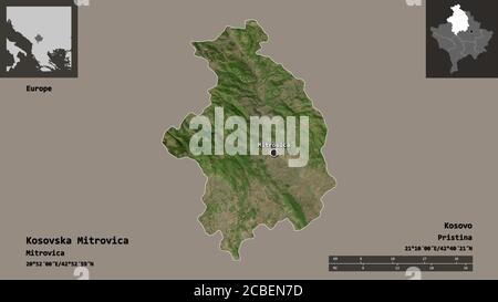 Shape of Kosovska Mitrovica, district of Kosovo, and its capital. Distance scale, previews and labels. Satellite imagery. 3D rendering Stock Photo