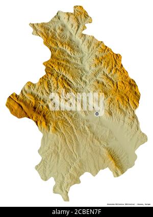 Shape of Kosovska Mitrovica, district of Kosovo, with its capital isolated on white background. Topographic relief map. 3D rendering Stock Photo