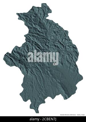 Shape of Kosovska Mitrovica, district of Kosovo, with its capital isolated on white background. Colored elevation map. 3D rendering Stock Photo