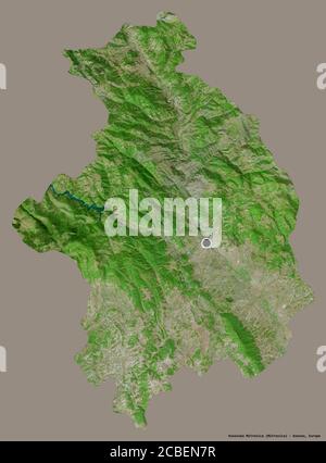 Shape of Kosovska Mitrovica, district of Kosovo, with its capital isolated on a solid color background. Satellite imagery. 3D rendering Stock Photo