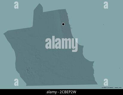 Shape of Al Ahmadi, province of Kuwait, with its capital isolated on a solid color background. Colored elevation map. 3D rendering Stock Photo