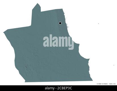 Shape of Al Ahmadi, province of Kuwait, with its capital isolated on white background. Colored elevation map. 3D rendering Stock Photo