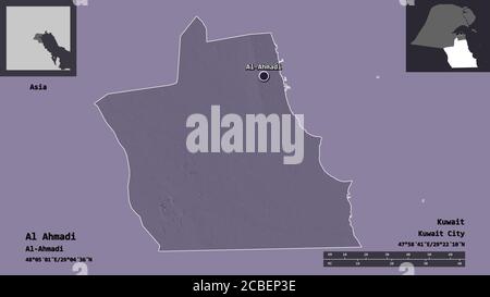 Shape of Al Ahmadi, province of Kuwait, and its capital. Distance scale, previews and labels. Colored elevation map. 3D rendering Stock Photo