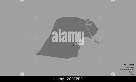 Area of Al Jahrah, province of Kuwait, isolated on a solid background in a georeferenced bounding box. Labels. Bilevel elevation map. 3D rendering Stock Photo