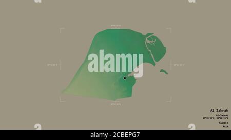 Area of Al Jahrah, province of Kuwait, isolated on a solid background in a georeferenced bounding box. Labels. Topographic relief map. 3D rendering Stock Photo