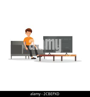 flat design of cartoon character of man is watching TV,vector illustration Stock Vector