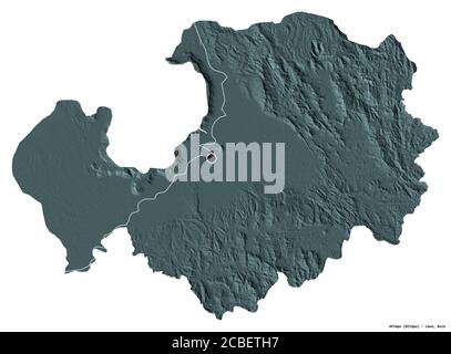 Shape of Attapu, province of Laos, with its capital isolated on white background. Colored elevation map. 3D rendering Stock Photo