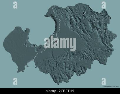 Shape of Attapu, province of Laos, with its capital isolated on a solid color background. Colored elevation map. 3D rendering Stock Photo