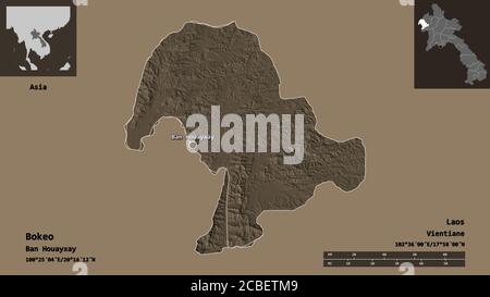 Shape of Bokeo, province of Laos, and its capital. Distance scale, previews and labels. Colored elevation map. 3D rendering Stock Photo