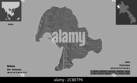 Shape of Bokeo, province of Laos, and its capital. Distance scale, previews and labels. Bilevel elevation map. 3D rendering Stock Photo