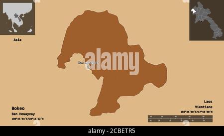 Shape of Bokeo, province of Laos, and its capital. Distance scale, previews and labels. Composition of patterned textures. 3D rendering Stock Photo