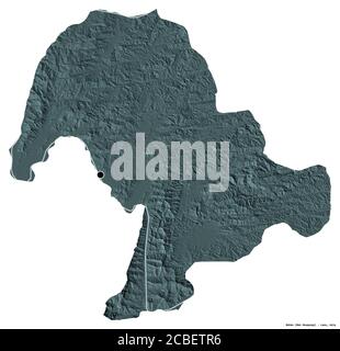 Shape of Bokeo, province of Laos, with its capital isolated on white background. Colored elevation map. 3D rendering Stock Photo