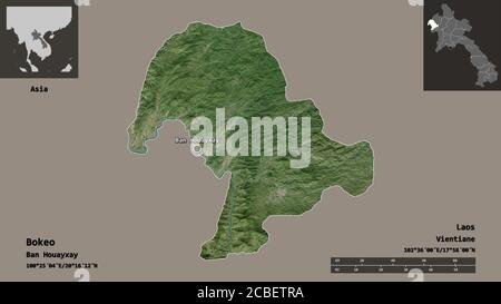 Shape of Bokeo, province of Laos, and its capital. Distance scale, previews and labels. Satellite imagery. 3D rendering Stock Photo