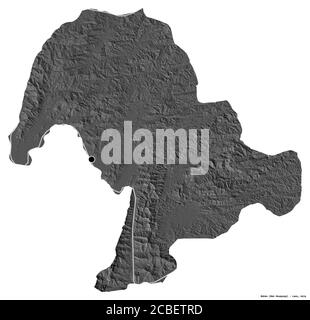 Shape of Bokeo, province of Laos, with its capital isolated on white background. Bilevel elevation map. 3D rendering Stock Photo