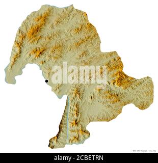 Shape of Bokeo, province of Laos, with its capital isolated on white background. Topographic relief map. 3D rendering Stock Photo