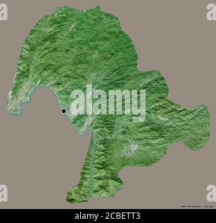 Shape of Bokeo, province of Laos, with its capital isolated on a solid color background. Satellite imagery. 3D rendering Stock Photo