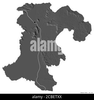 Shape of Champasak, province of Laos, with its capital isolated on white background. Bilevel elevation map. 3D rendering Stock Photo